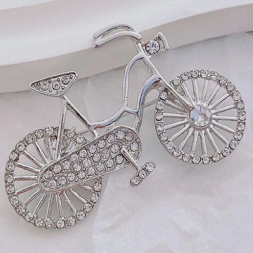 Vintage Bicycle Brooch - Silver with Crystal Highlights